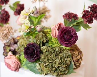 Burgundy Wedding Altar Flowers, Moody Faux Floral Pedestal Arrangement, Plum Mauve Ceremony Pillar Decor, Artificial Wedding Fall Flowers