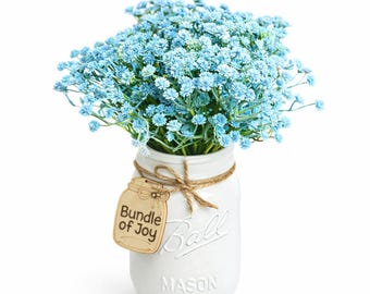 Baby-Dusche-Mittelstück, blaue Billy Button-Einmachglas-Blumen, Baby-Dusche-Dekor, personalisiertes Baby-Dusche-Geschenk, Kinderzimmer-Dekor