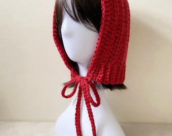 Hand Knit Wool Balaclava Bonnet, Burgundy Red Cottagecore Hood