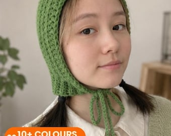 Hand-knitted Balaclava Bonnet, Vintage Crochet Hood with Ties (20+ Colours)