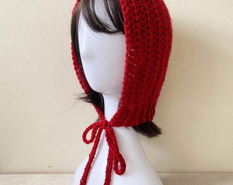 Handgestrickte, burgunderrote Bonny Hood, Häkelhaube im Vintage-Stil mit Bändern