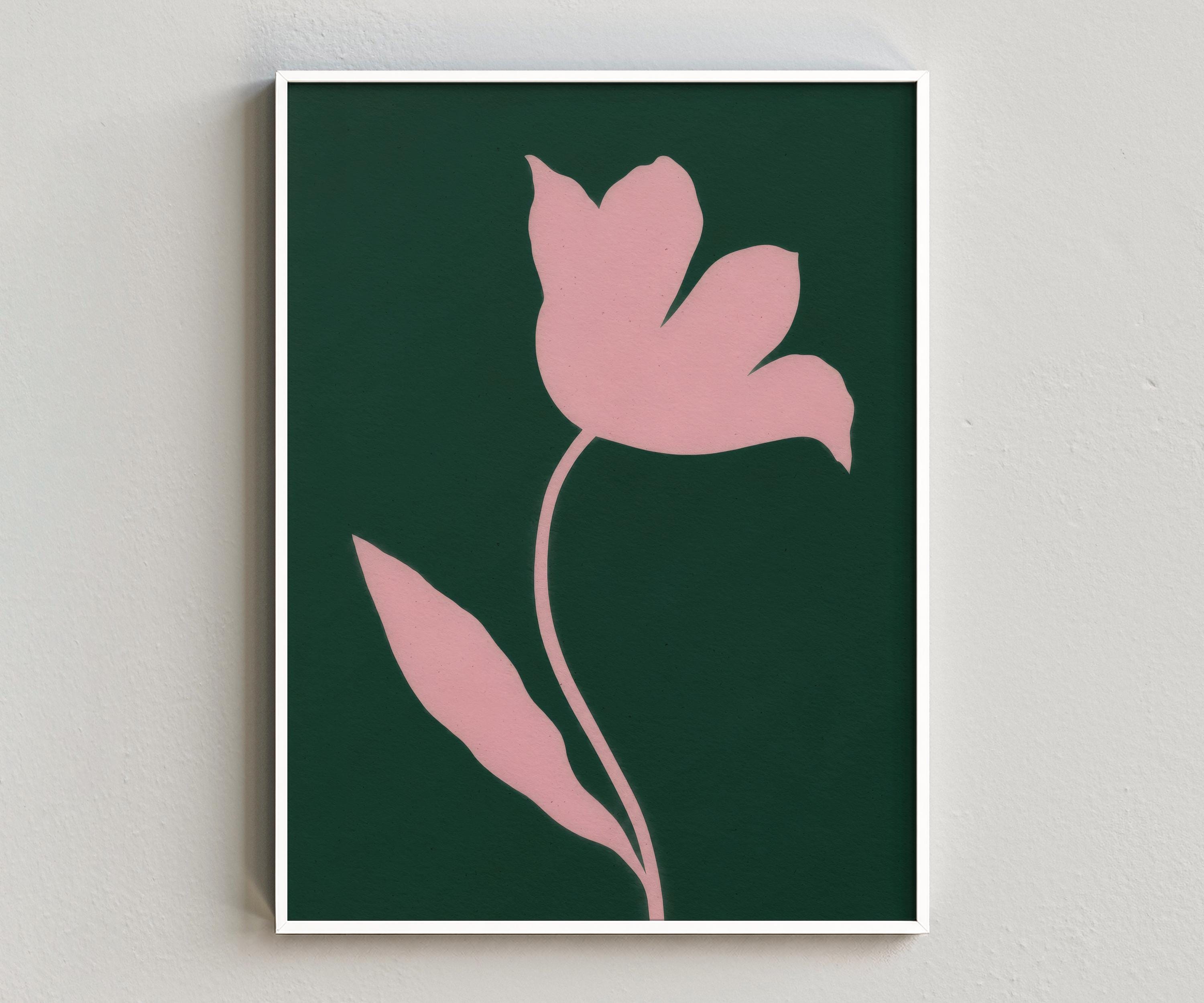 Pink Flower Wall Art with Forest Green Background, Digital Download