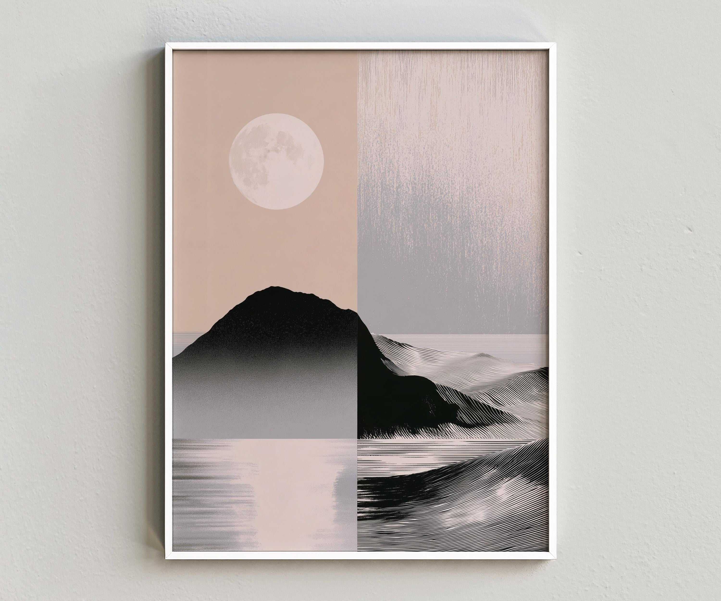 Moon Mountain Landscape Wall Art Printable, Neutral Digital Download
