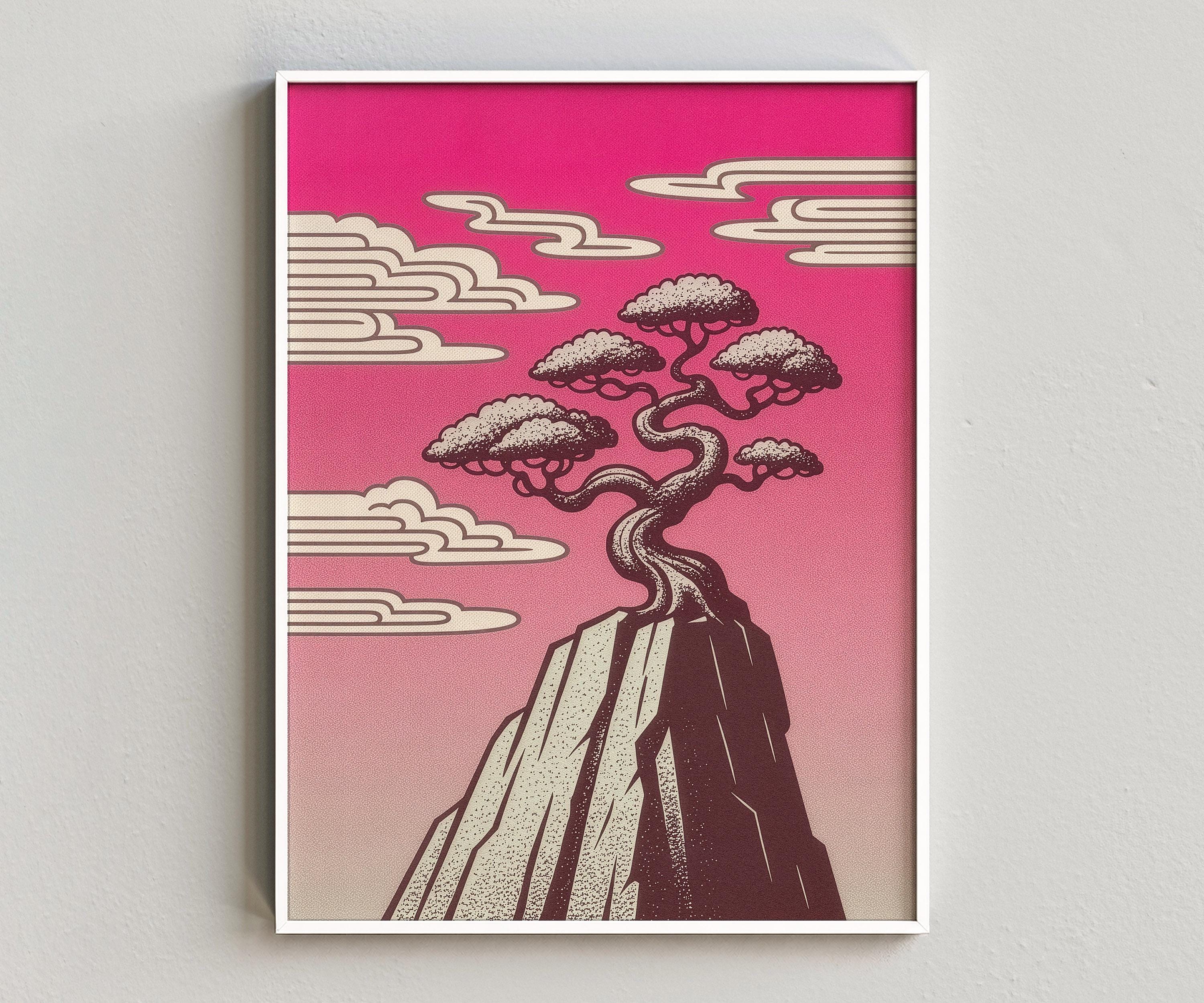 Japanese Bonsai Wall Art Printable, Pink Fuchsia Landscape Digital Download