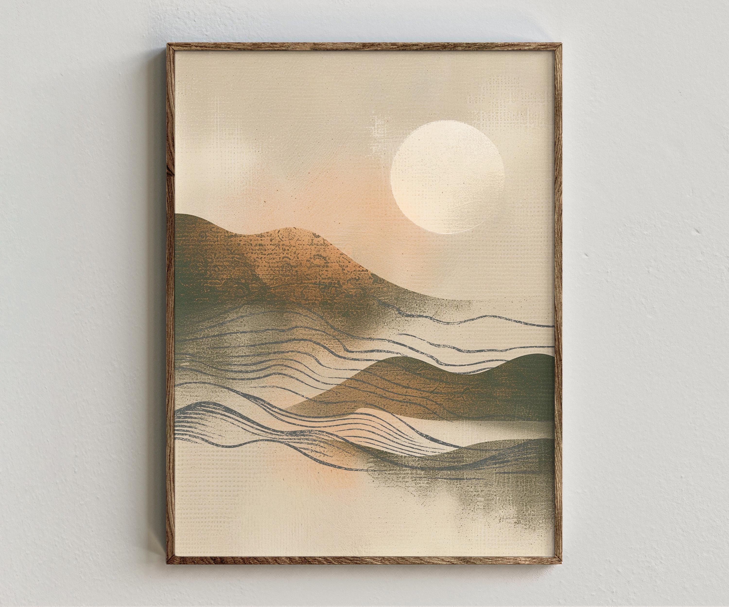 Framed artwork “Tora Sonata” showing japandi mountain composition with striped landscape bands, muted neutral tones, and fine line texture on a white wall.