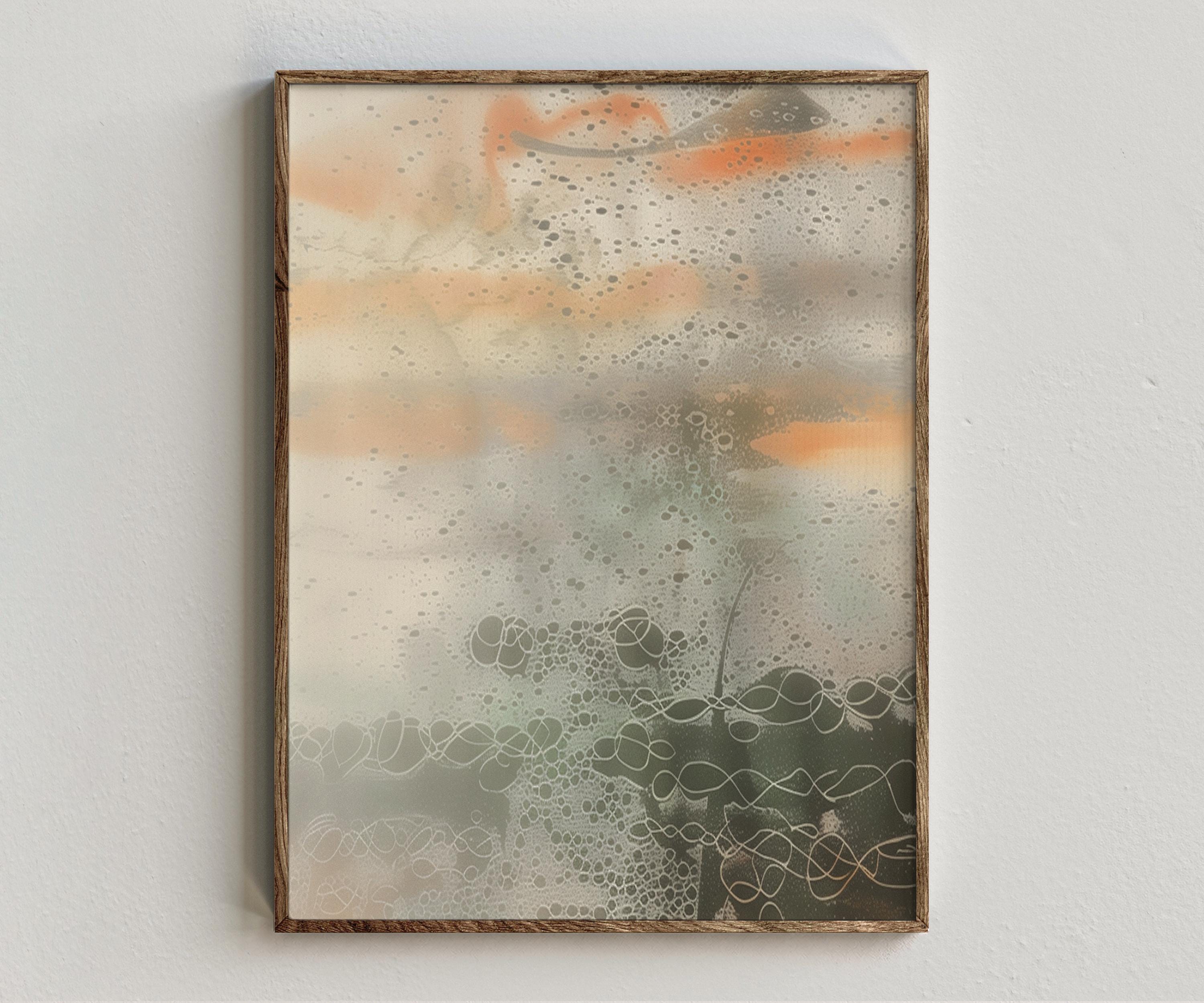 Framed artwork “Hakanai” showing koi fish composition with sage green texture, soft orange fish-like forms, and a light abstract water style on a white wall.