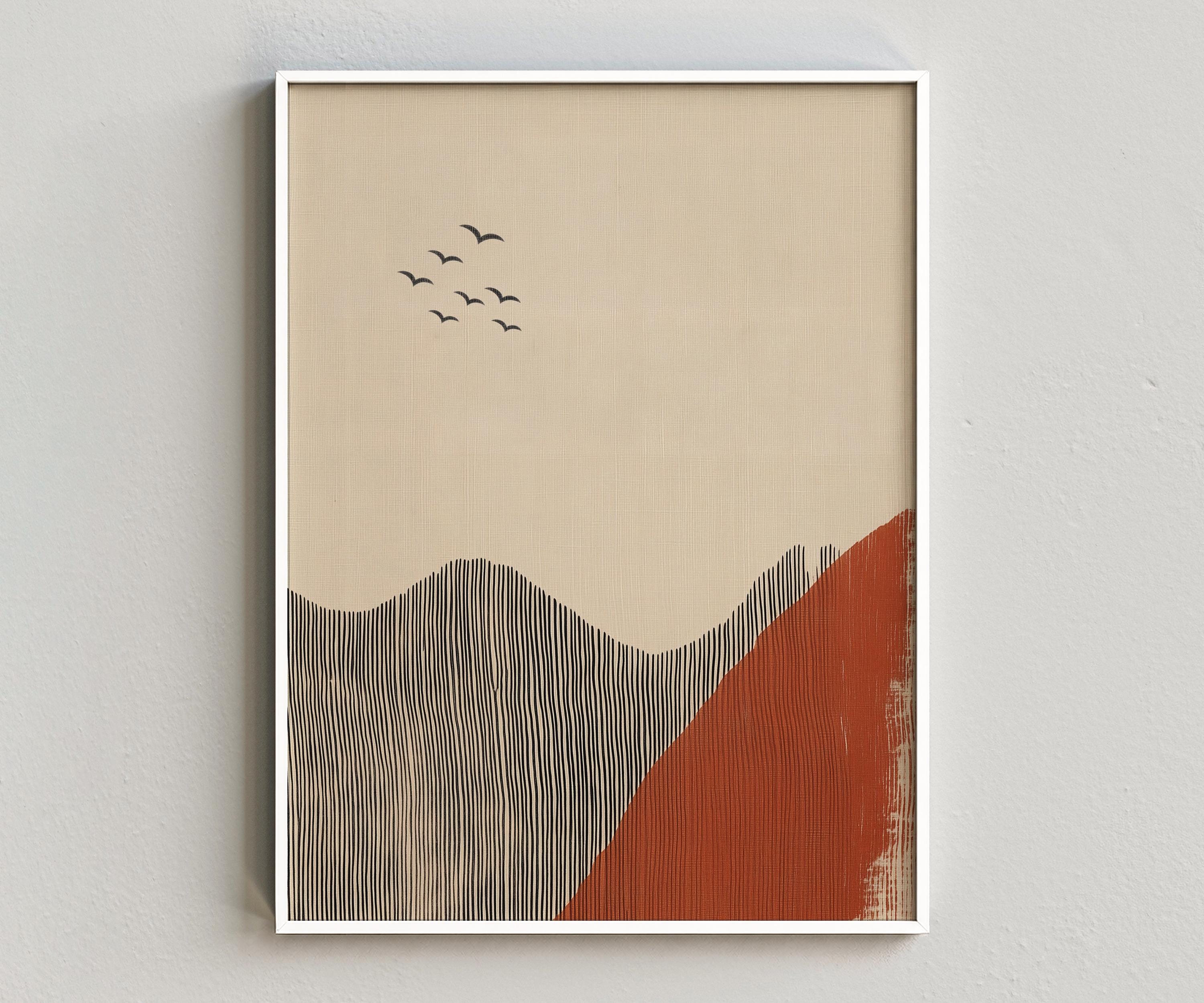 Japanese Landscape Wall Art Printable, Rust Hill Birds Digital Download
