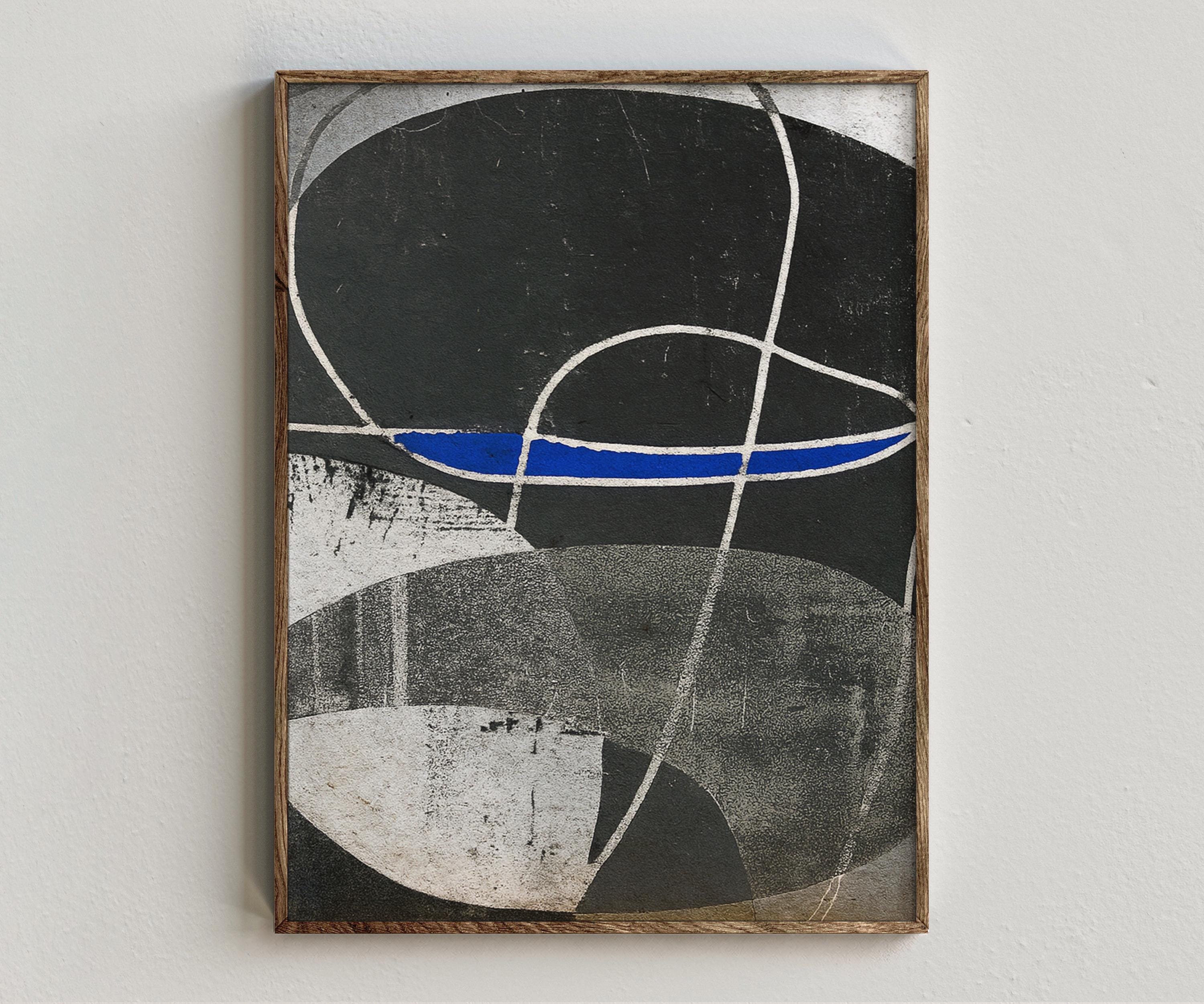 Framed artwork “Embrace” showing cobalt abstract composition with a vivid blue focal stripe, charcoal curved forms, and warm grey textured contrast on a white wall.