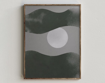 May include: A framed wall art print featuring a dark charcoal grey background with two horizontal, wavy bands of a lighter grey shade. A solid, pale grey circle is positioned in the centre, overlapping the middle section of the composition.
