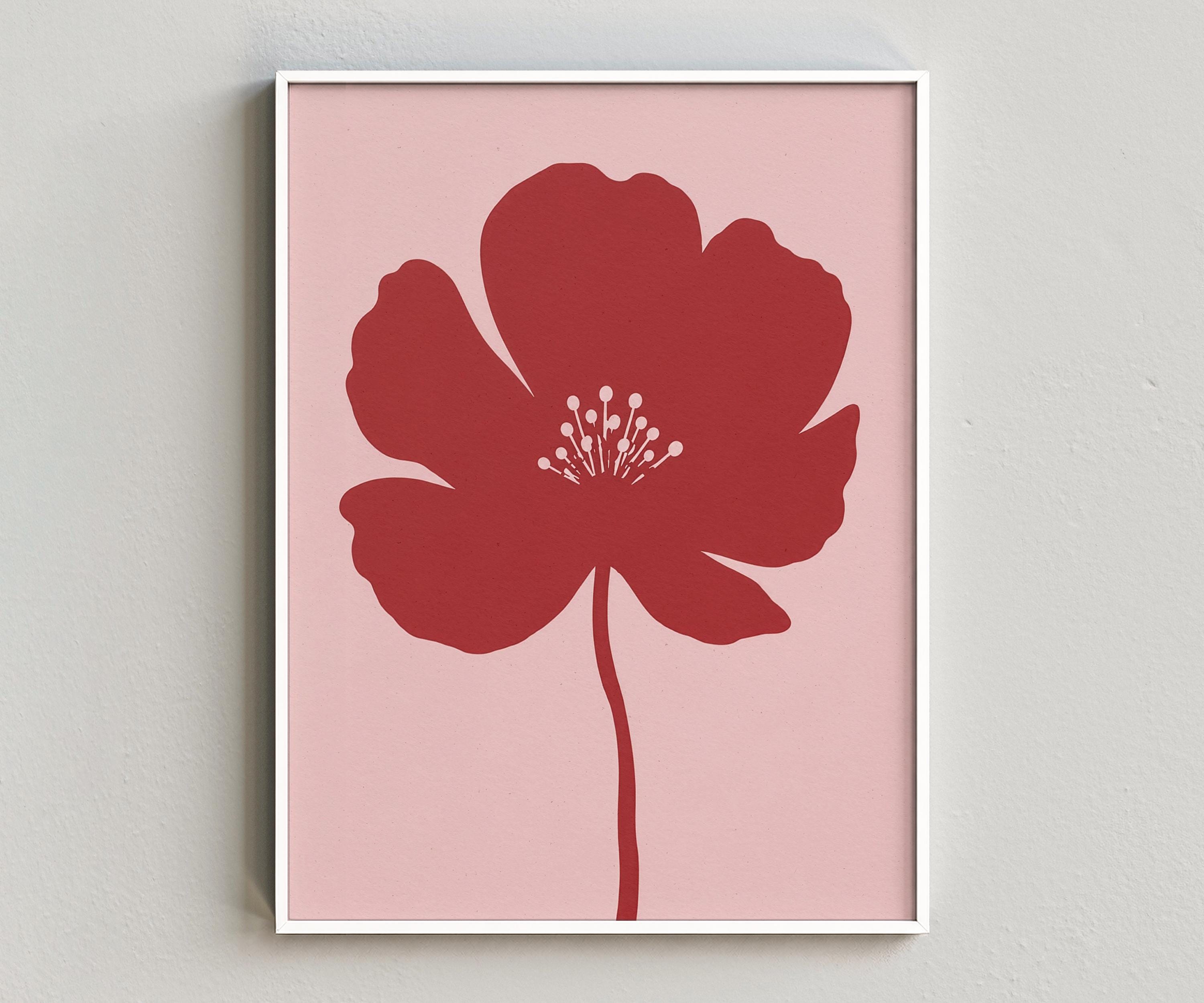 Cherry Red Flower Wall Art: Retro Pink Botanical Digital Download