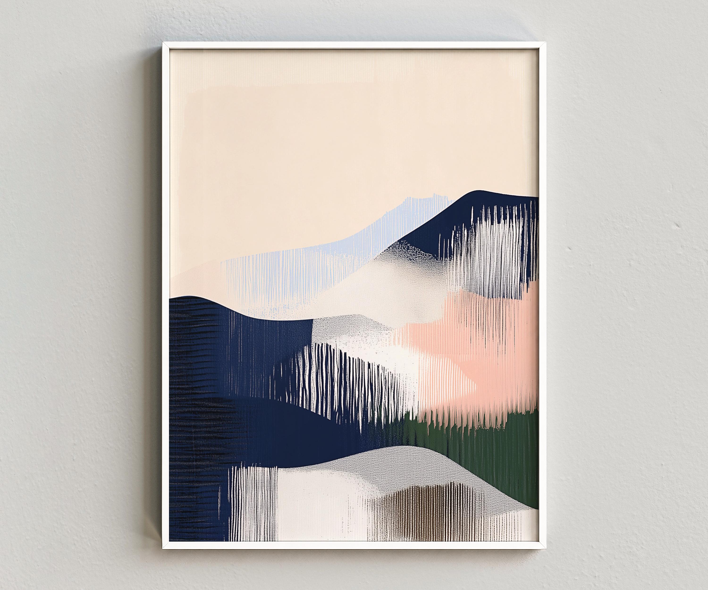 Blue Abstract Landscape Wall Art Printable, Navy Blush Digital Download