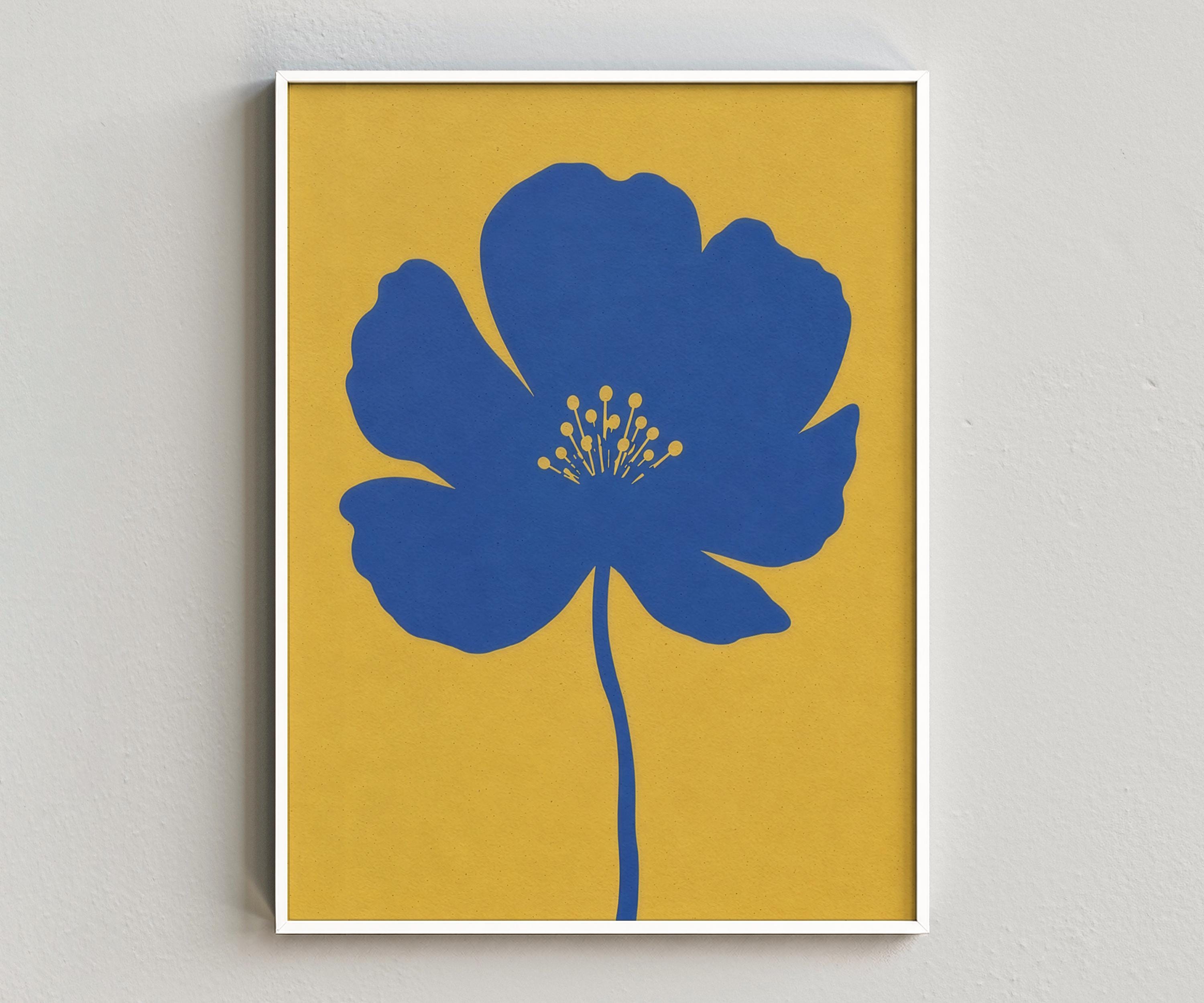 Cobalt Blue Flower Wall Art, Mustard Yellow Retro Floral Digital Download