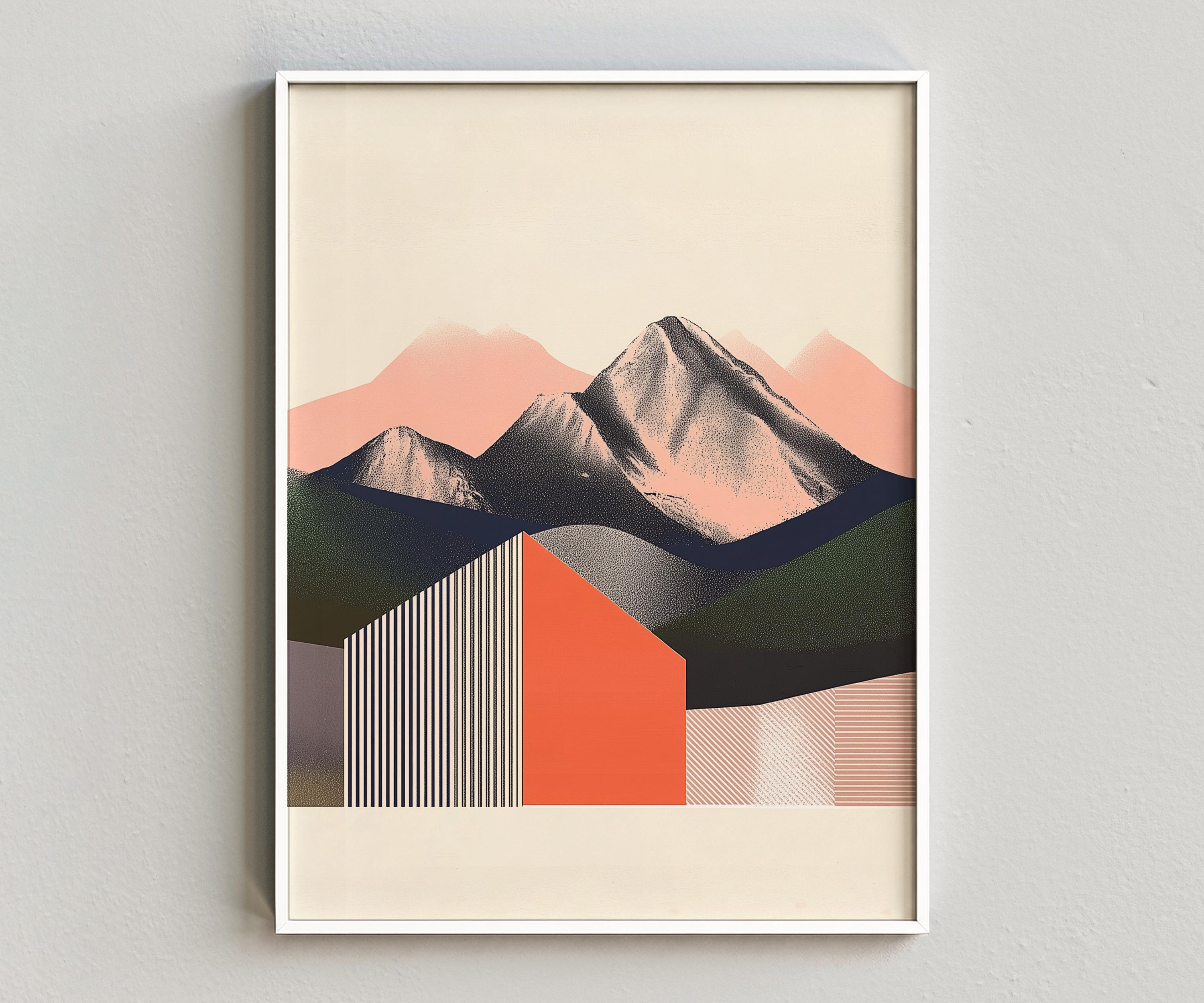 Graphic Mountain Wall Art Printable, Coral House Landscape Digital Download