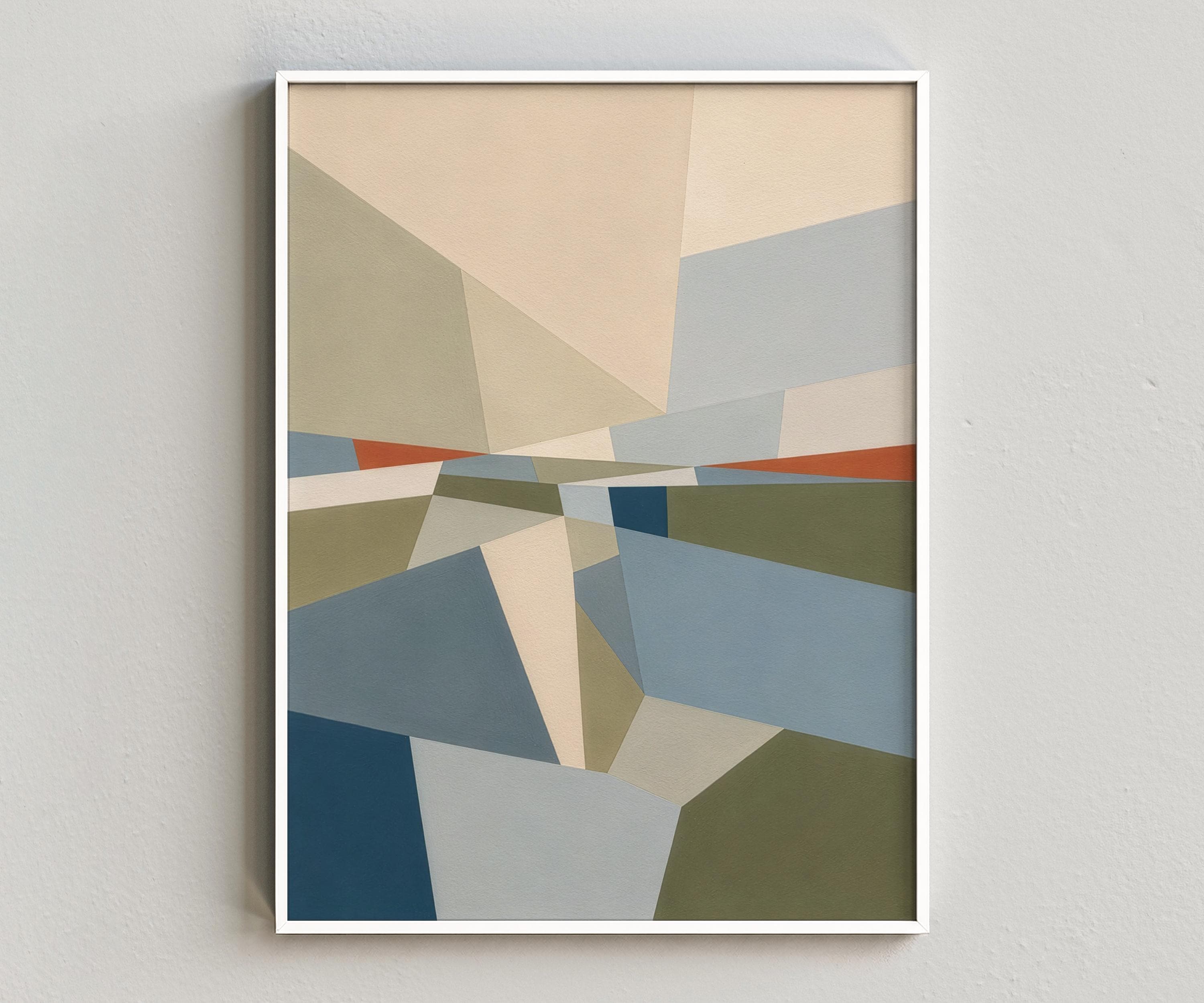 Blue Green Abstract Landscape Wall Art, Geometric Printable Digital Download