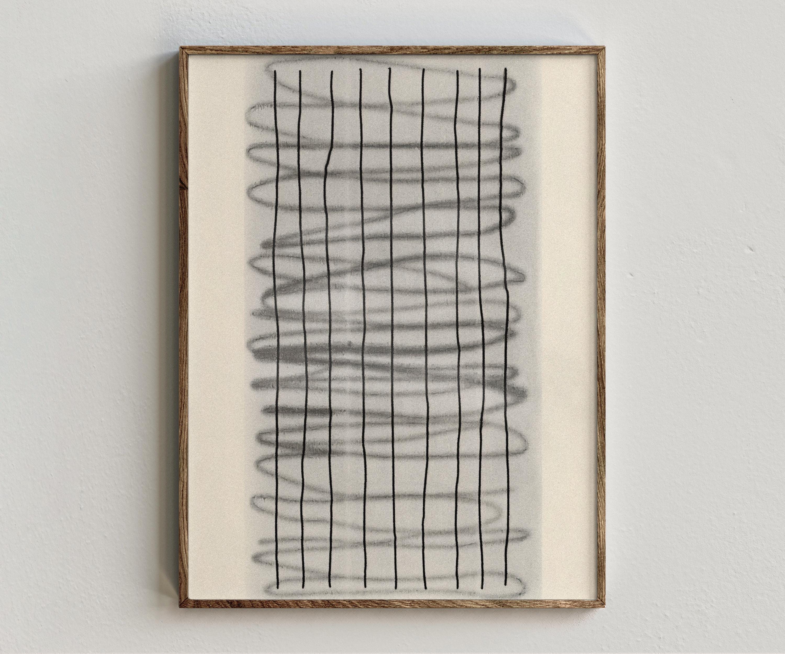 Framed artwork “Threads” showing grid line composition with black vertical lines, soft grey horizontal marks, and minimal neutral abstract style on a white wall.