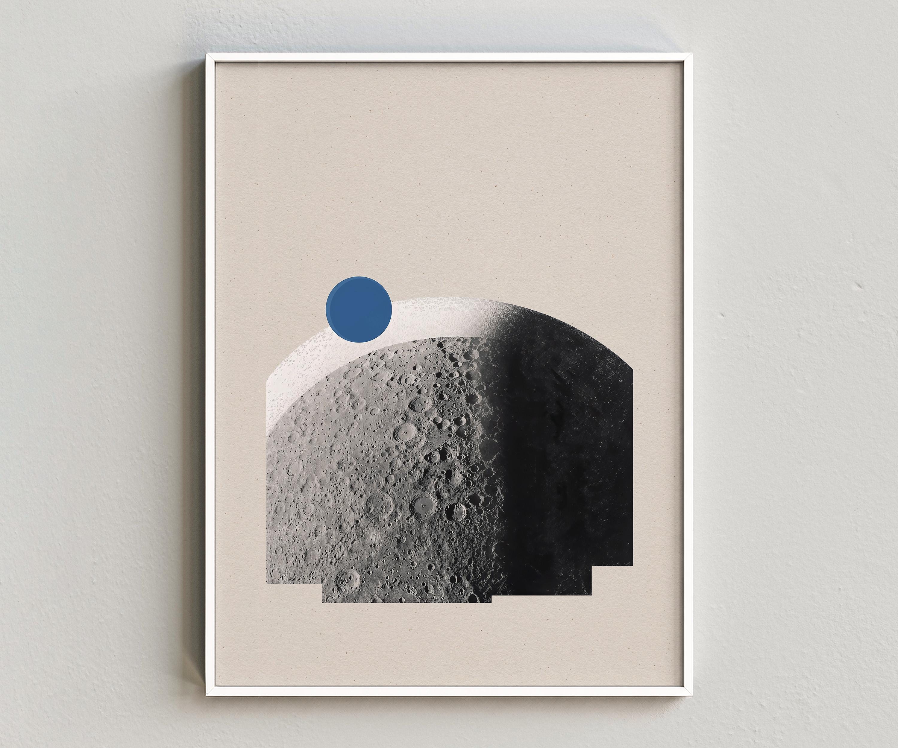 Geometric Moon Wall Art Printable, Blue Lunar Digital Download