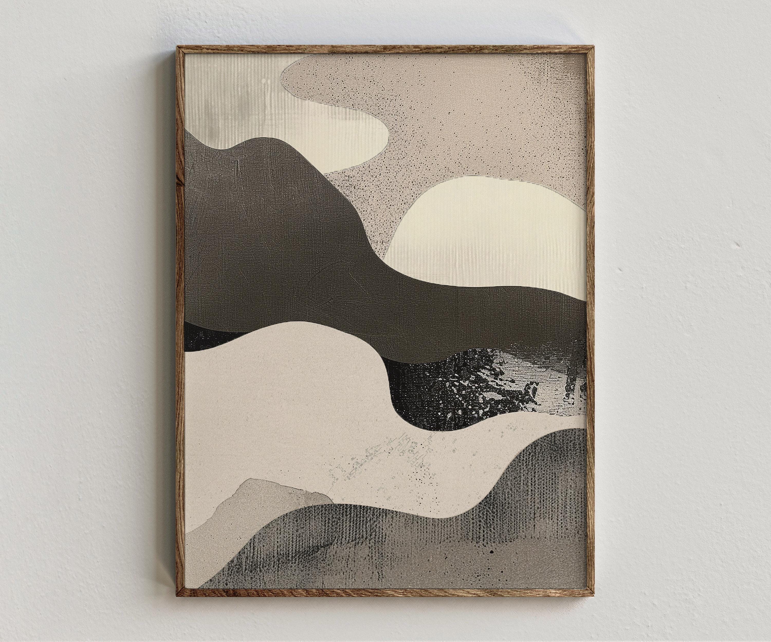 Framed artwork “Terra forma No. 1” showing organic abstract composition with layered earth-tone forms, dark curved bands, and textured modern abstract style on a white wall.