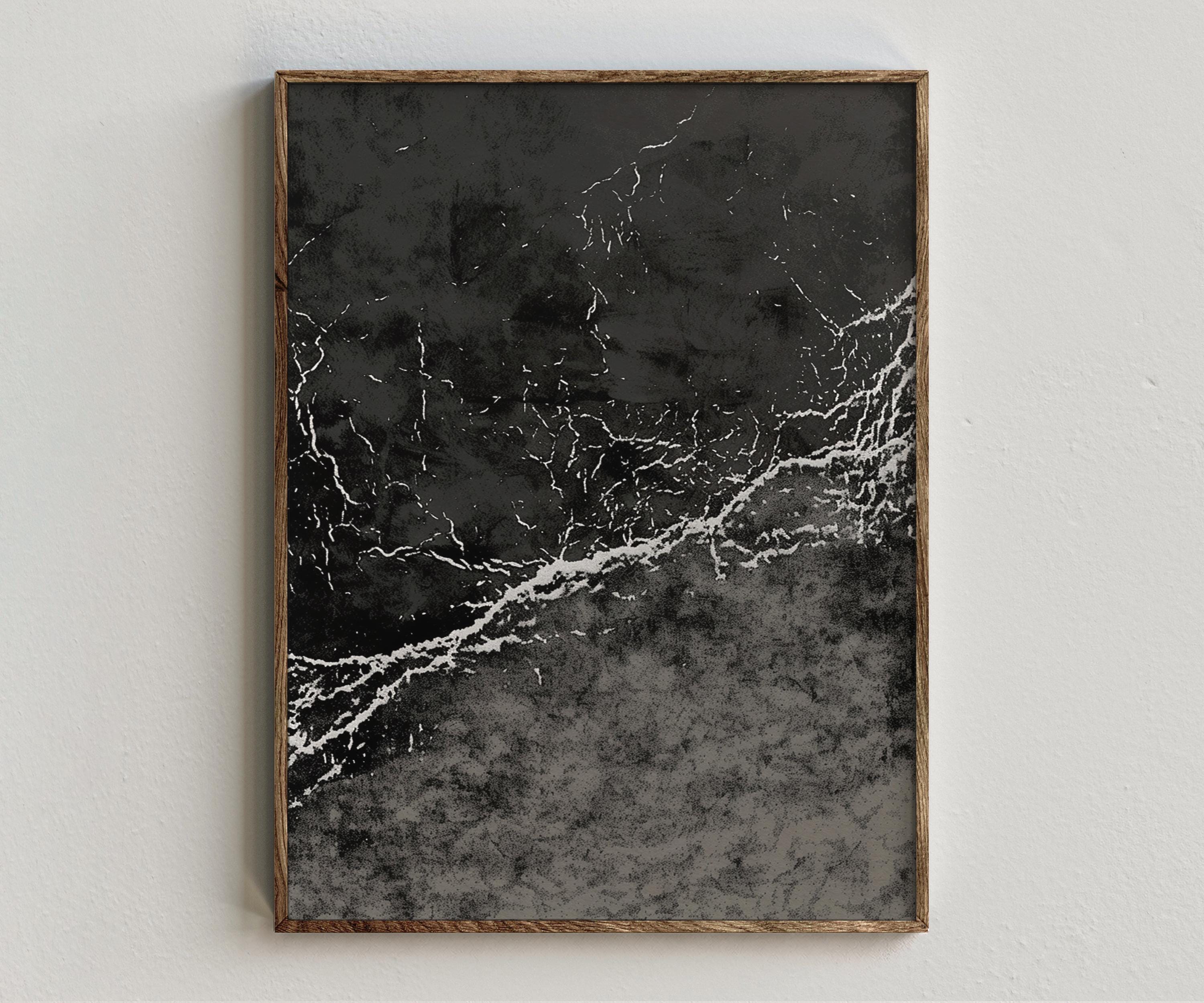 Framed artwork “Waves of Moss” showing dark green abstract composition with moss texture, pale wave-like marks, and moody organic surface style on a white wall.