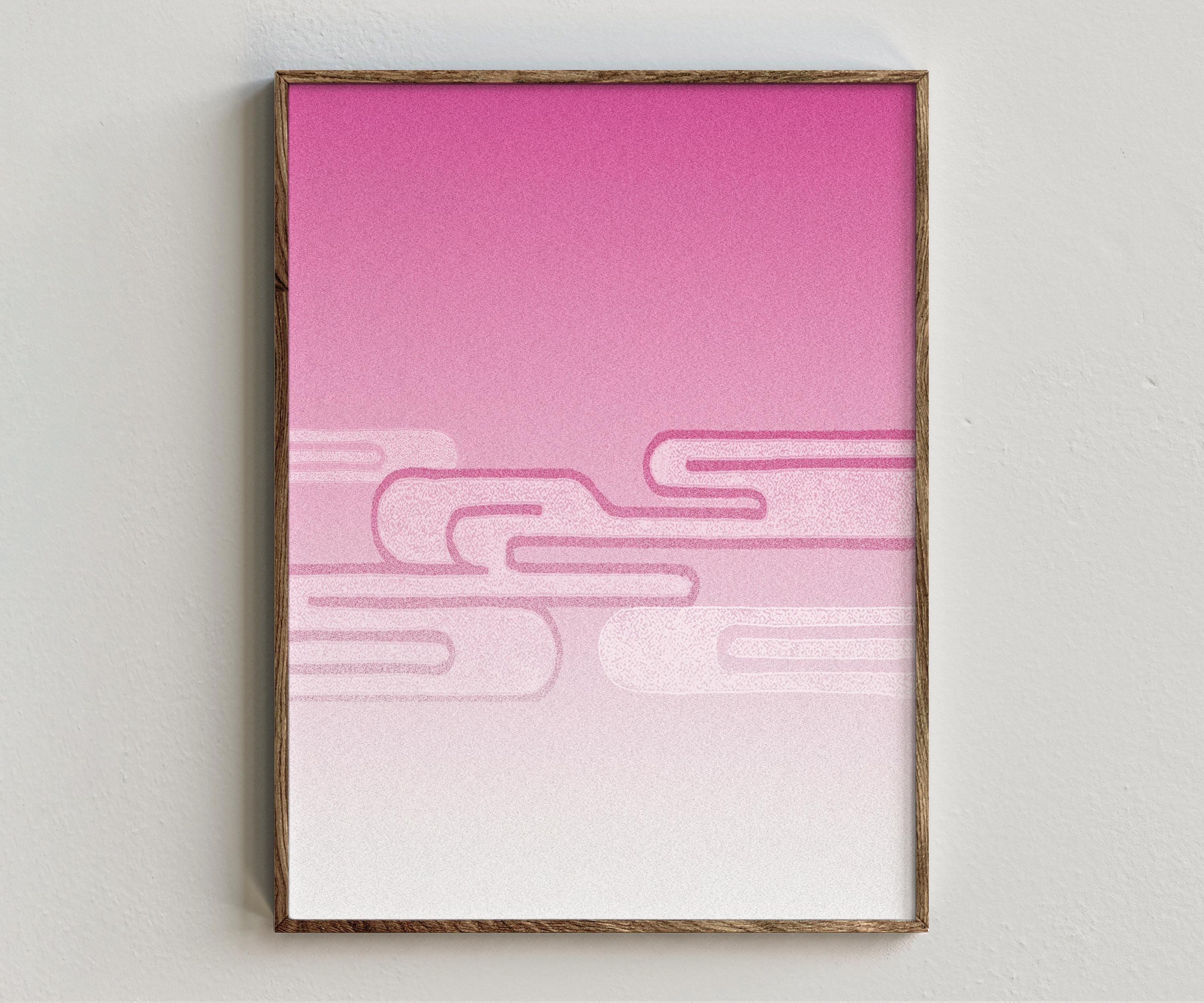 Framed artwork “Check Ink” showing gradient sky composition with rose linework, pale cloud forms, and retro graphic style on a white wall.