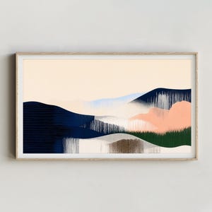 Puede incluir: Impresión artística de paisaje abstracto en un marco de madera. La obra presenta formas de montañas en capas en azul marino, melocotón, verde y blanco sobre un fondo melocotón pálido. La impresión tiene un estilo minimalista.
