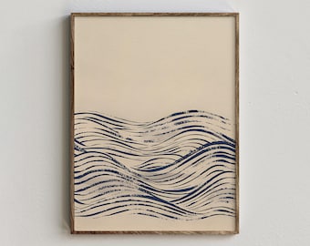 Japanese Wave Wall Art Printable, Indigo Woodblock Digital Download