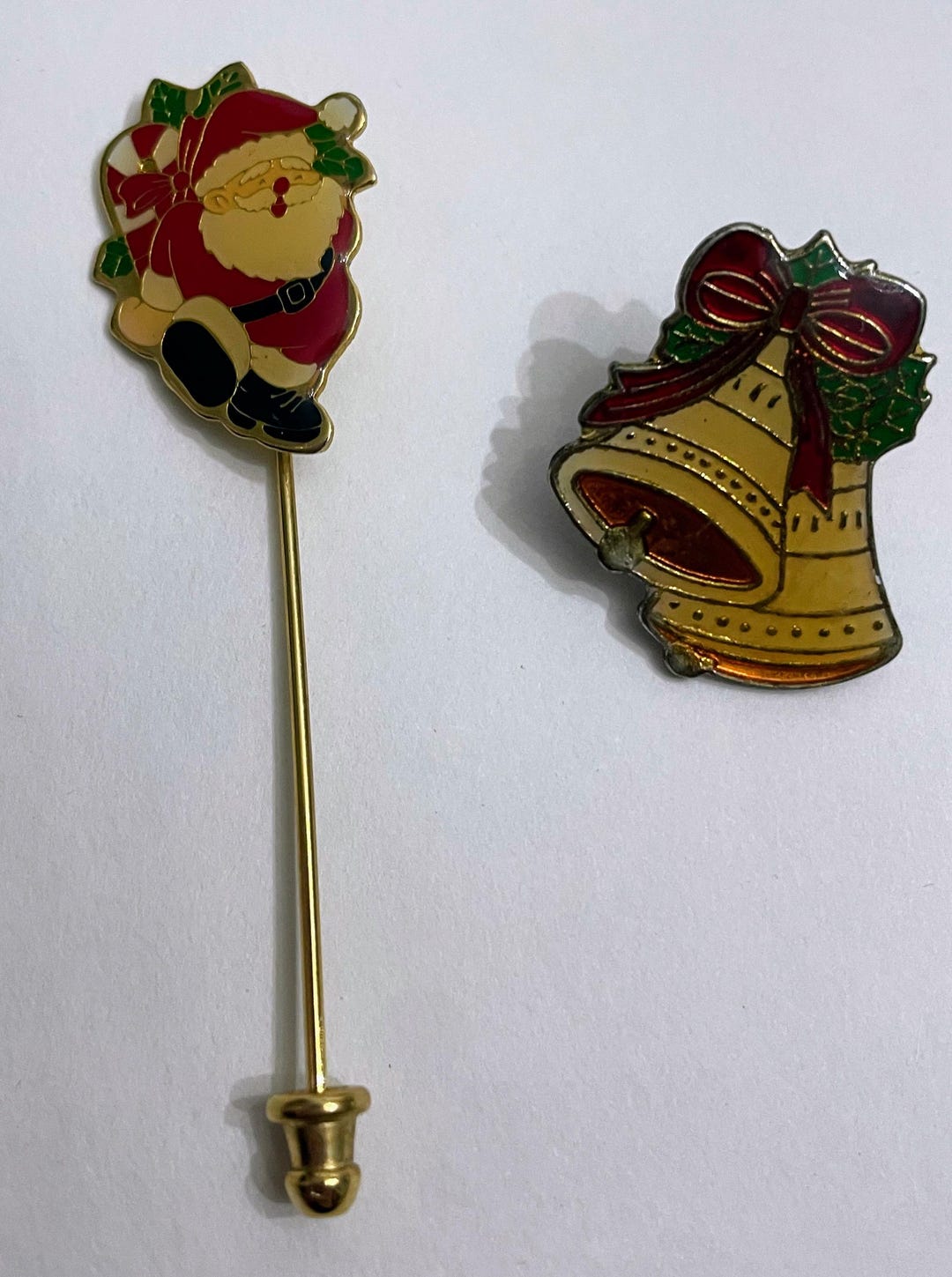 Vintage Christmas Pin Set | Enamel Santa Stick Pin & Bell Lapel Pins - Etsy
