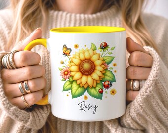 Custom Sunflower Mug, Butterfly Ladybird Sunflower Mug, Garden Lover Gift, Custom Floral Mug, Gift for Mothers Day, Teacher Gift