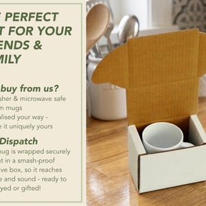 May include: A white ceramic mug nestled inside a small, open cardboard shipping box. The left side of the image features text that reads: THE PERFECT GIFT FOR YOUR FRIENDS & FAMILY, Why buy from us?, Dishwasher & microwave safe, Premium mugs, Personalised your way, Fast Dispatch, Every mug is wrapped securely and sent in a smash-proof protective box.