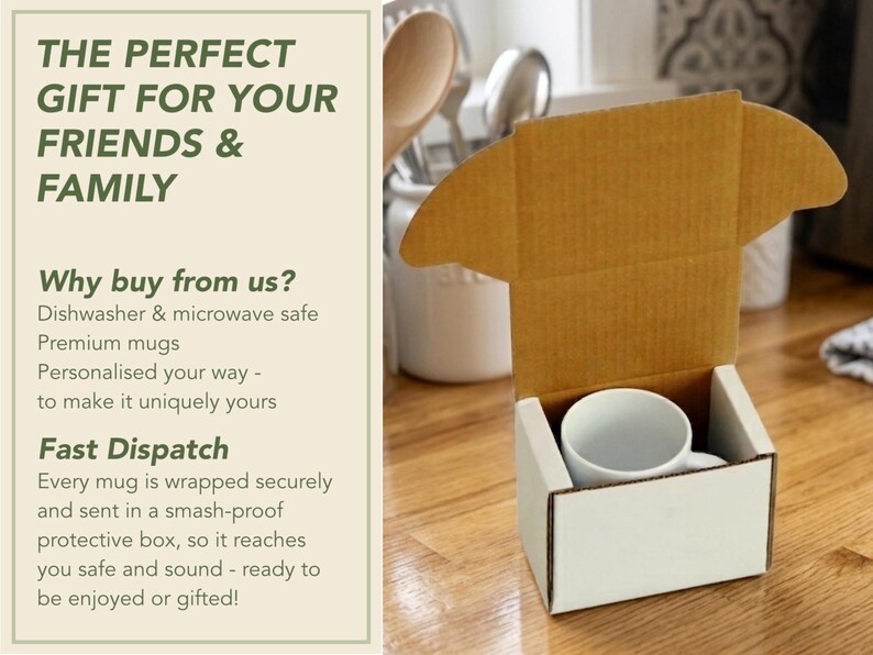May include: A white ceramic mug nestled inside a small, open cardboard shipping box. The left side of the image features text that reads: THE PERFECT GIFT FOR YOUR FRIENDS & FAMILY, Why buy from us?, Dishwasher & microwave safe, Premium mugs, Personalised your way, Fast Dispatch, Every mug is wrapped securely and sent in a smash-proof protective box.