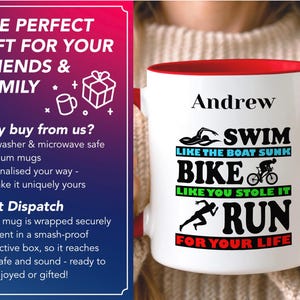 May include: A white ceramic mug with a red interior and handle. The mug features the name "Andrew" above the words "Swim, Bike, Run" with related graphics and phrases. The mug is designed for athletes.