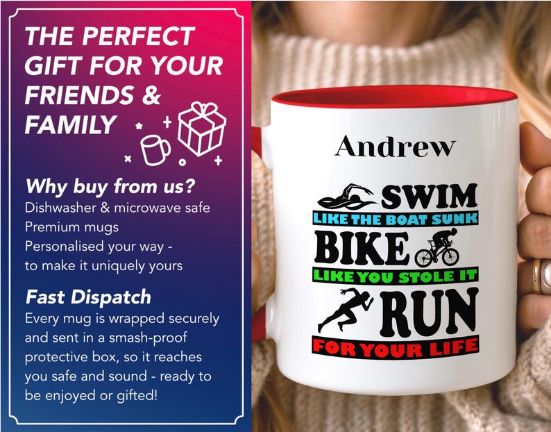 May include: A white ceramic mug with a red interior and handle. The mug features the name "Andrew" above the words "Swim, Bike, Run" with related graphics and phrases. The mug is designed for athletes.