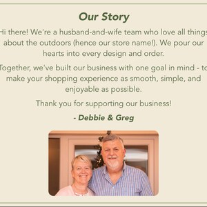 May include: A rectangular sign with a light beige background and dark green text titled Our Story. The text introduces a husband-and-wife team named Debbie and Greg, followed by a photograph of the couple smiling together in an indoor setting.
