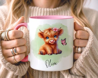 Aangepaste mok hooglandkoe baby, gepersonaliseerd cadeau koe minnaar, rustieke koe mok, schattige mok boerderijdieren, mok koeliefhebbers, cadeau boerderij keuken