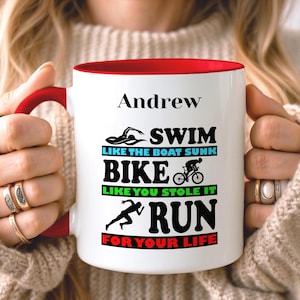 Custom Triathlon Mug, Personalised Triathlete Mug, Ironman Gift, Triathlon Gift for Coach, Fathers Day Mug, Mothers Day Gift Red