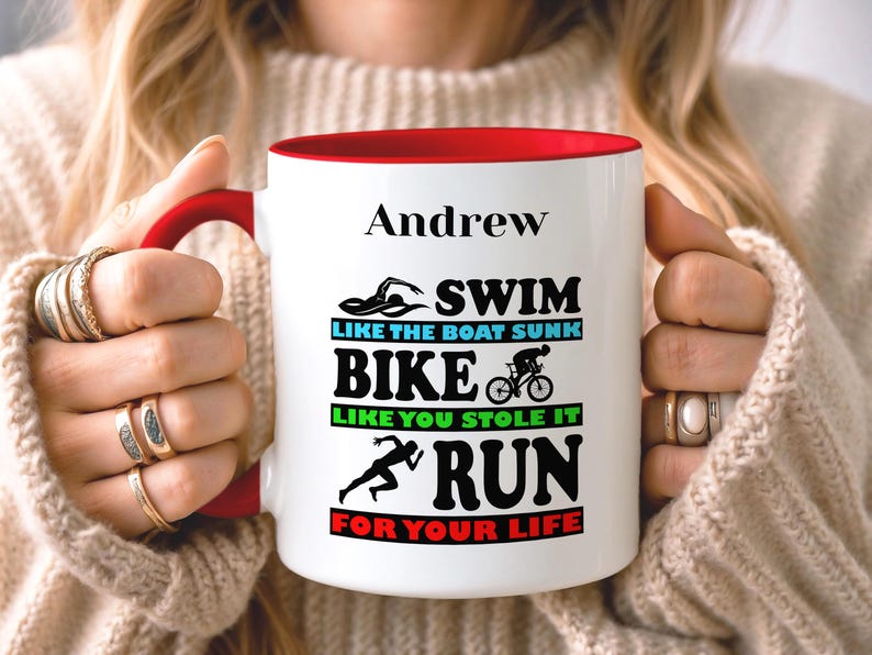Custom Triathlon Mug, Personalised Triathlete Mug, Ironman Gift, Triathlon Gift for Coach, Fathers Day Mug, Mothers Day Gift Red