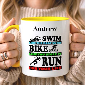 Custom Triathlon Mug, Personalised Triathlete Mug, Ironman Gift, Triathlon Gift for Coach, Fathers Day Mug, Mothers Day Gift Yellow