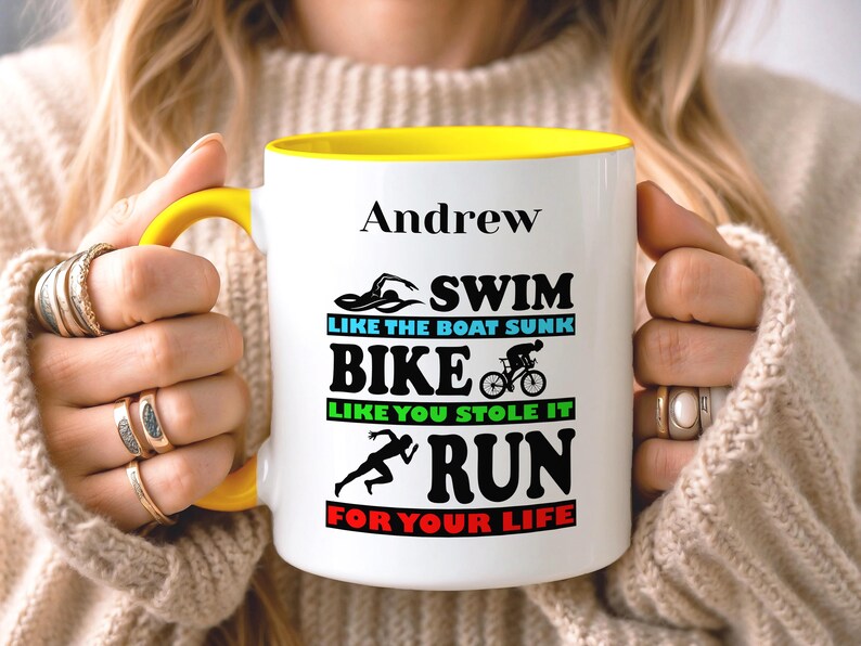 Custom Triathlon Mug, Personalised Triathlete Mug, Ironman Gift, Triathlon Gift for Coach, Fathers Day Mug, Mothers Day Gift Yellow
