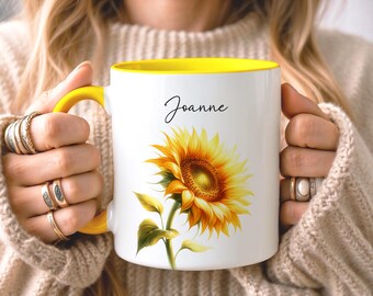 Custom Sunflower Mug, Personalised Flower Mug, Gardener Gift, Sunflower Lover Gift, Gift for Mothers Day, Fathers Day Gift