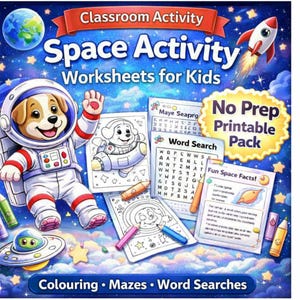 May include: A colorful educational printable pack for kids with the title "Space Activity Worksheets for Kids." The image features a cartoon astronaut dog, a rocket, planets, and worksheets with coloring pages, mazes, and word searches.