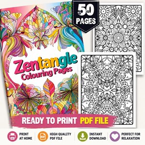Może przedstawiać: Kolorowanka Zentangle z 50 stronami, przedstawiająca skomplikowane wzory kwiatowe i abstrakcyjne. Okładka prezentuje kolorowe wzory, a strony wewnętrzne oferują czarno-białe rysunki do kolorowania. Tekst: "Zentangle Colouring Pages" i "Ready to Print PDF File."