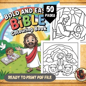 Può includere: Un libro da colorare della Bibbia intitolato "Bold and Easy Bible Colouring Book" con il testo "Ready to Print PDF File". La copertina presenta illustrazioni di Gesù, un arcobaleno e bambini. Contiene 50 pagine.