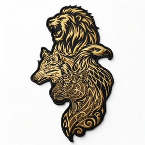 May include: A decorative patch featuring a black background with gold-colored embroidery depicting the heads of a roaring lion, a wolf, an eagle, and a tiger. The design uses intricate, flowing lines to define the features of each animal.