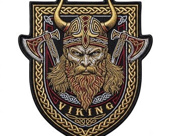 Stor 13" broderad vikingakrigare-lapp, nordisk sköldapplikation (svart, guld, röd, silver)