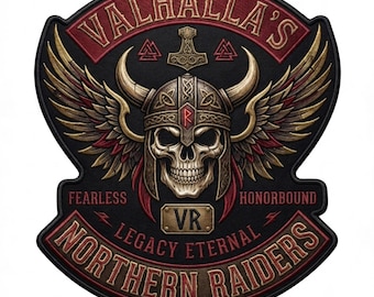 Broderad rygglapp med vikingadödskalle, nordisk krigare Valhalla Raiders-jacka (12 tum)