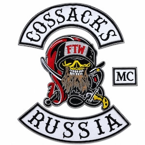 May include: A set of embroidered patches featuring a central skull wearing a helmet with the text FTW, a long brown beard, and a curved sword. The top rocker reads COSSACKS, the bottom rocker reads RUSSIA, and a small rectangular patch reads MC.