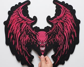 Large Gothic Wing Patch 12.5 Inch | Pink Skull Biker Jacket Back Patch