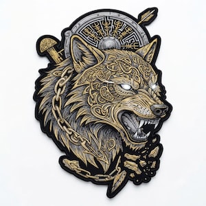 Norse Wolf Patch, Viking Wolf Embroidered Applique, Gold Black, 13 Inch