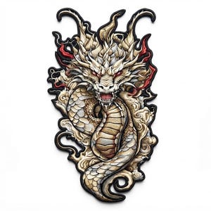 Puede incluir: Un parche bordado que muestra un dragón detallado con escamas en color crema, plata y bronceado. El dragón tiene ojos rojos brillantes, la boca abierta con dientes visibles y detalles fluidos en forma de nube en bronceado y rojo oscuro.