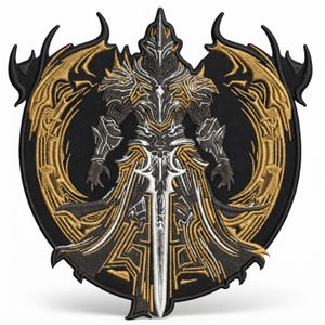 May include: An embroidered patch featuring a central armored figure in black, silver, and gold thread. The figure stands within a circular frame with wing-like accents, holding a long sword pointing downward, all set against a solid black background.