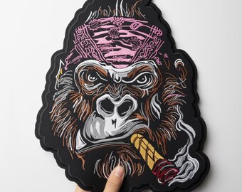 Gorilla Head Patch Large 13 Inch Embroidered Biker Back Patch Smoking Design